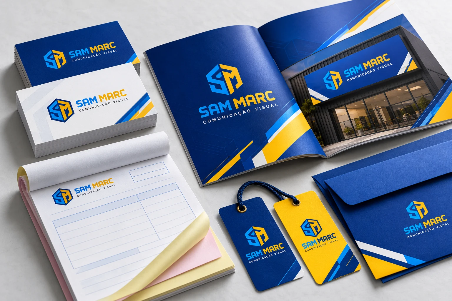 Cartões, catálogos e papelaria com a marca SamMarc